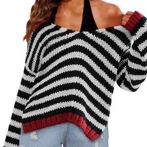 COPY - COPY - Brand New Wide V Neck Black & White Sweater With Red Hem/Red Bott…